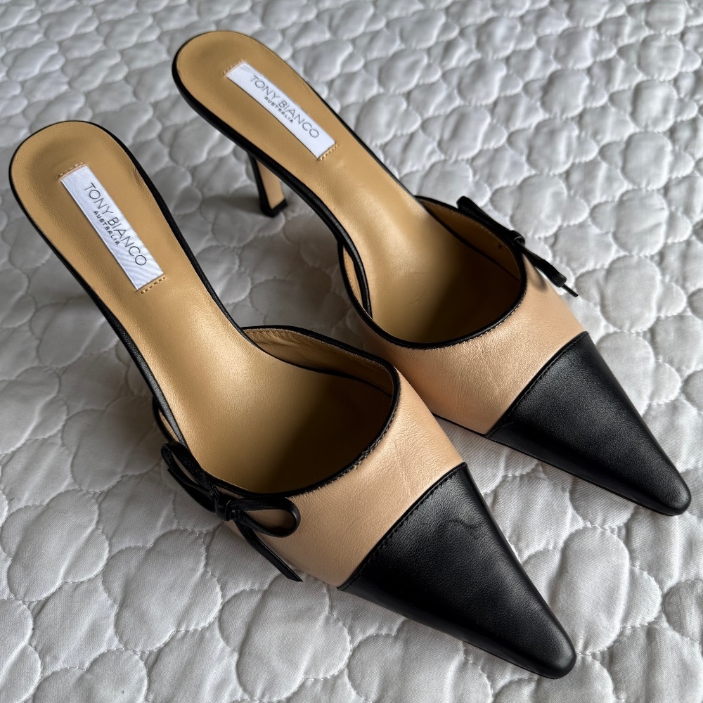 Tony Bianco Black and Tan Heels Elegant Pointed Toe